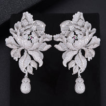 Load image into Gallery viewer, GODK 76mm Luxury Peony Flower Blossom Cubic Zirconia Women Statement Long Drop Earring Wedding Party Bridal Fringed Jewelry Gift