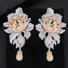 Load image into Gallery viewer, GODK 76mm Luxury Peony Flower Blossom Cubic Zirconia Women Statement Long Drop Earring Wedding Party Bridal Fringed Jewelry Gift