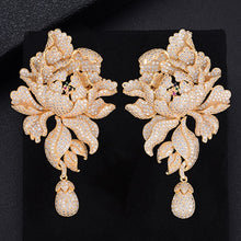 Load image into Gallery viewer, GODK 76mm Luxury Peony Flower Blossom Cubic Zirconia Women Statement Long Drop Earring Wedding Party Bridal Fringed Jewelry Gift
