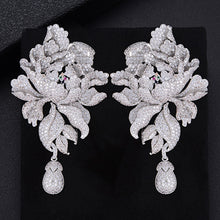 Load image into Gallery viewer, GODK 76mm Luxury Peony Flower Blossom Cubic Zirconia Women Statement Long Drop Earring Wedding Party Bridal Fringed Jewelry Gift