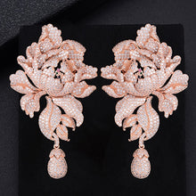 Load image into Gallery viewer, GODK 76mm Luxury Peony Flower Blossom Cubic Zirconia Women Statement Long Drop Earring Wedding Party Bridal Fringed Jewelry Gift